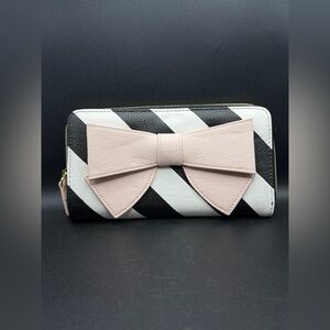 Betsey Johnson Black & White Striped Pink Bow Wallet Clutch, Coquette Cute Y2K